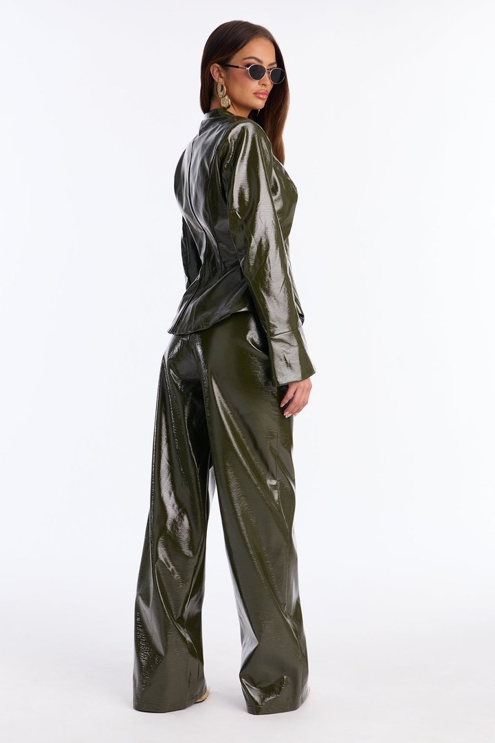 Boss Babe Faux Leather Cinched Blazer Pant Set - Olive