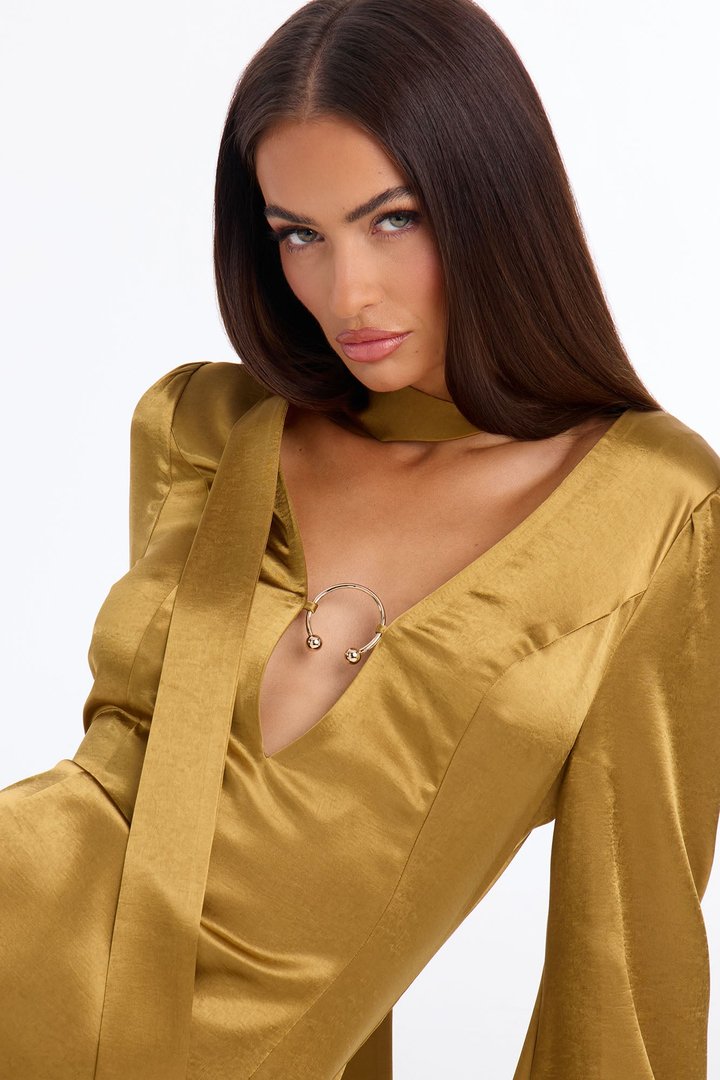 Jasmine Bell Sleeve Satin Mini Dress - Gold