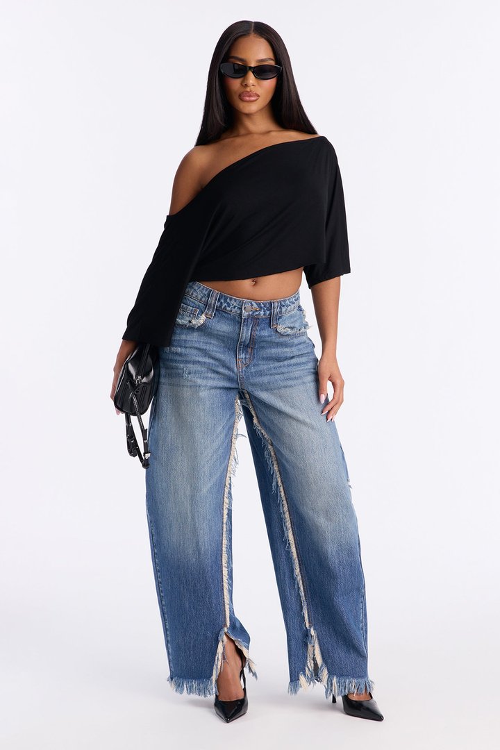 Electrified Frayed Barrel Leg Jeans - Dark Wash