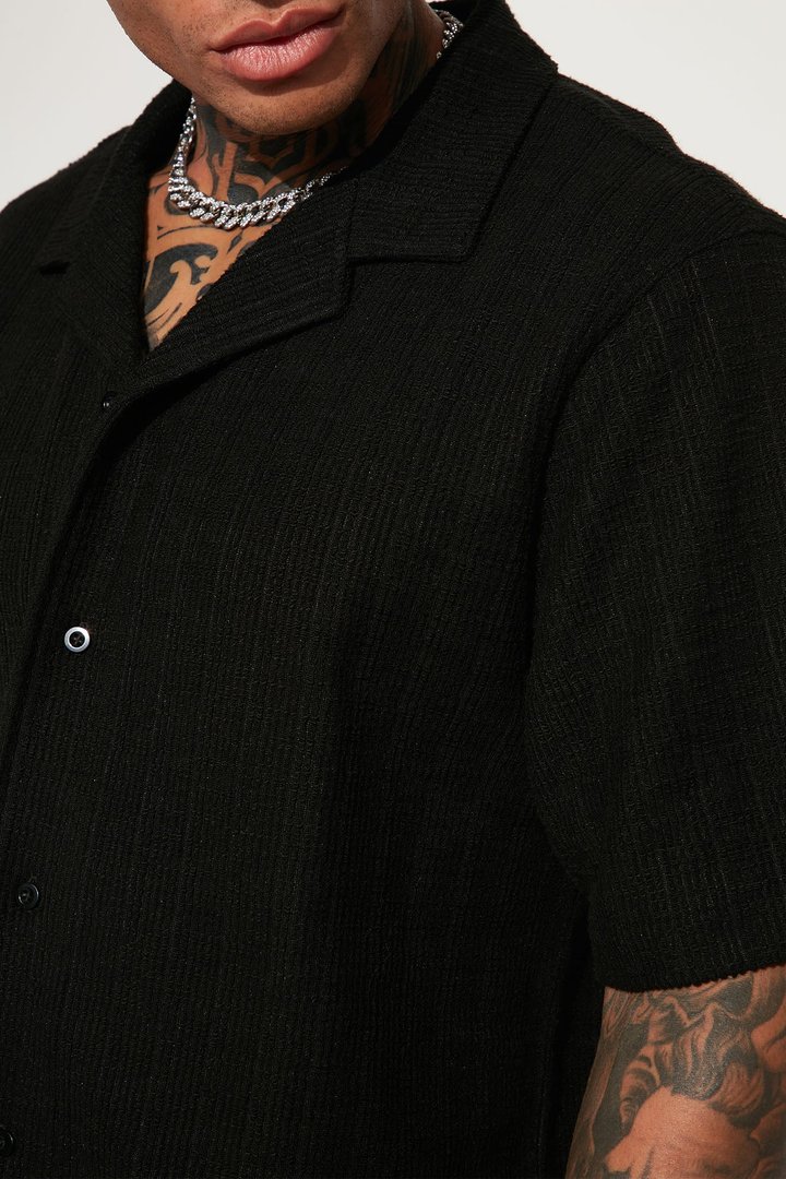 Dean Textured Short Sleeve Button Up Shirt - Black
