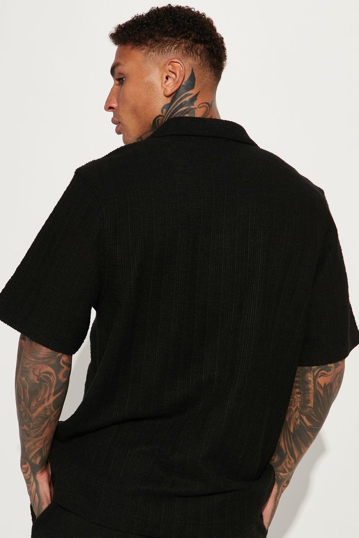 Dean Textured Short Sleeve Button Up Shirt - Black