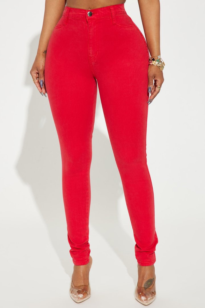 Classic Color High Waist Skinny Jeans - Red