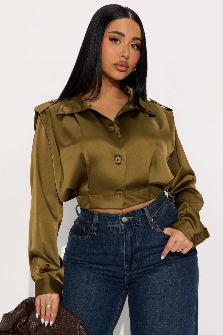 All Business Satin Shirt - Olive