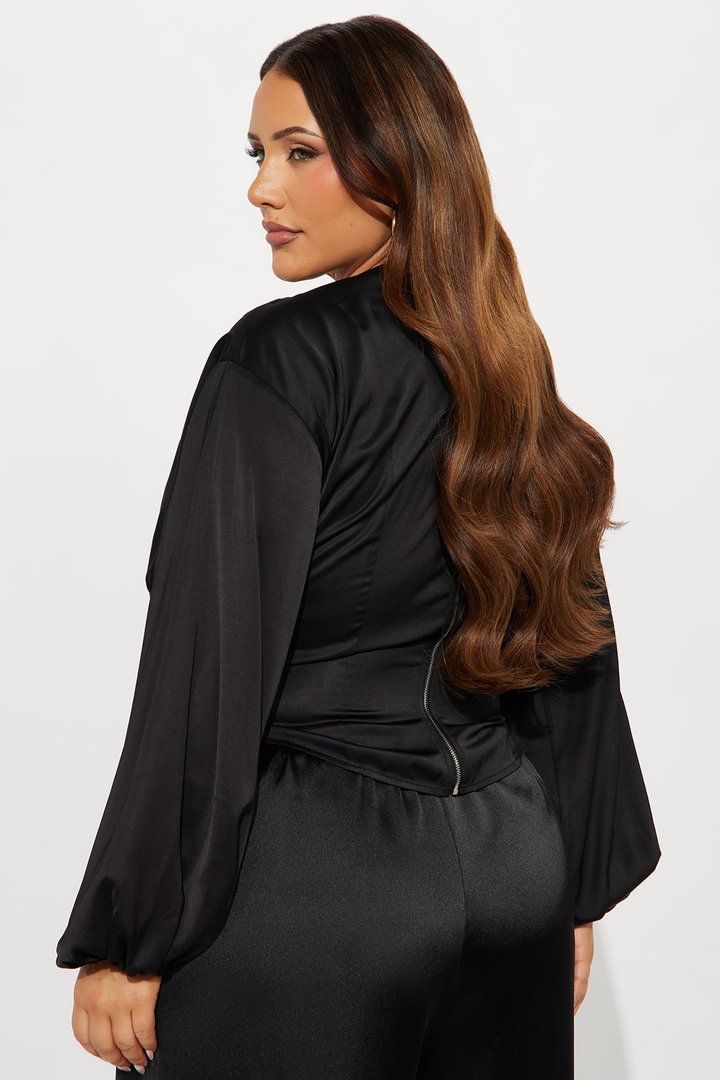 Out And About Lace Up Satin Blouse - Black