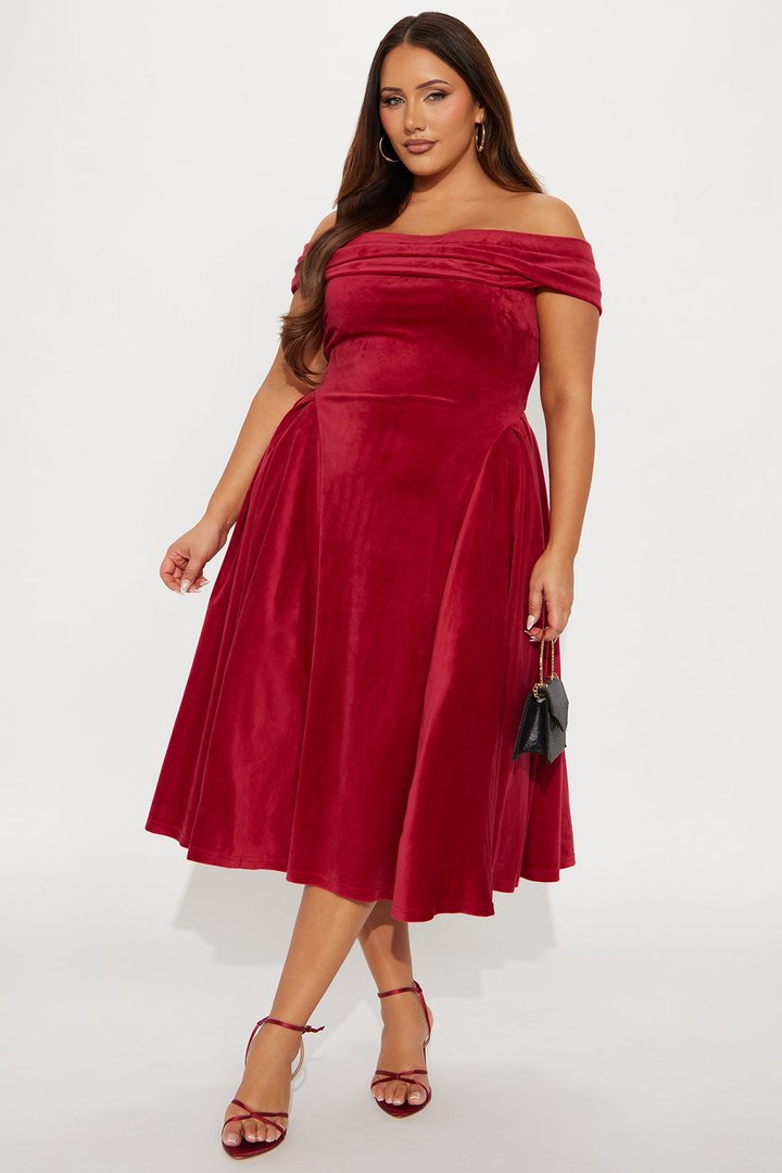 Lillian Pleated Velour Midi Dress - Red