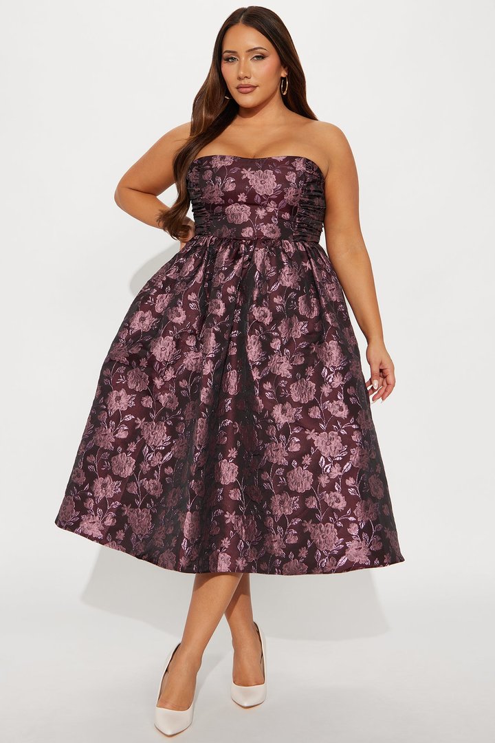 Sweet Like Me Glitter Floral Taffeta Midi Dress - Plum