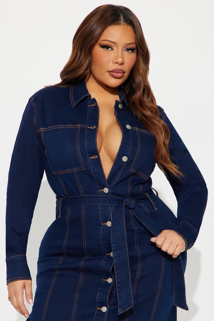 Easy Like Sunday Button Up Denim Midi Dress - Dark Denim