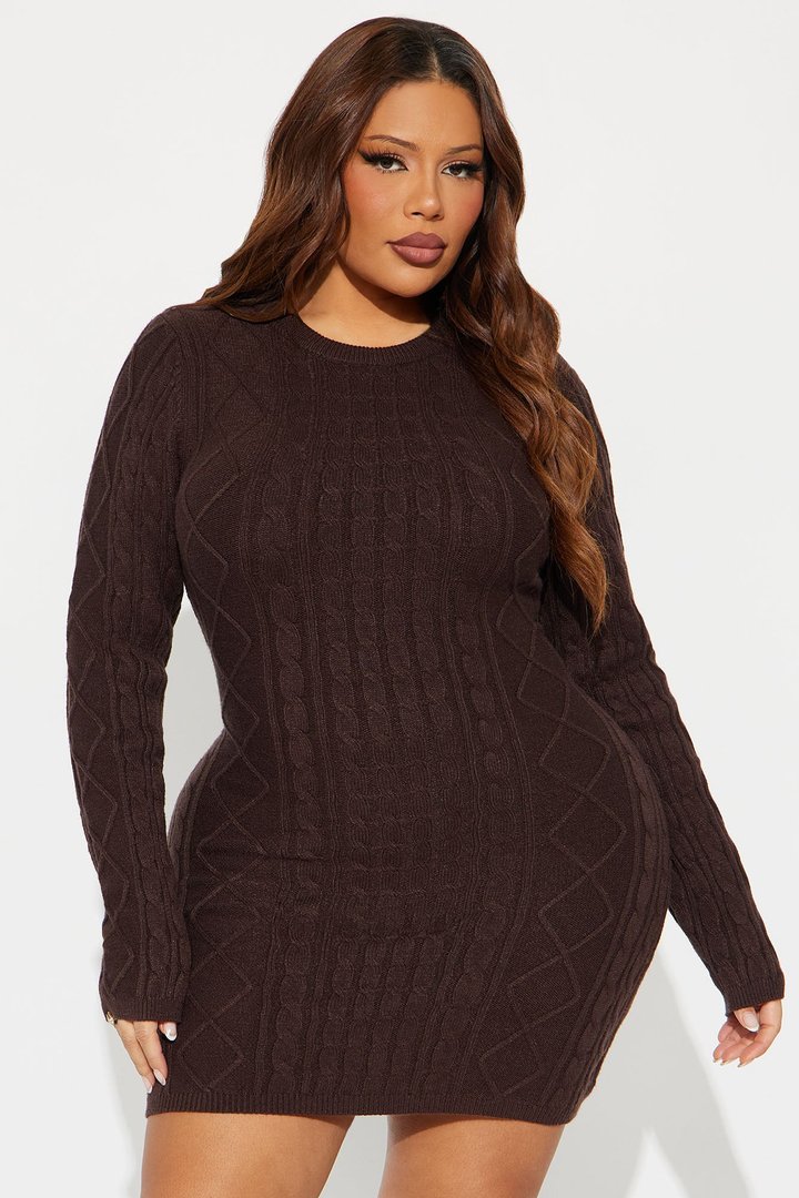 Chelsea Cable Knit Sweater Mini Dress - Chocolate