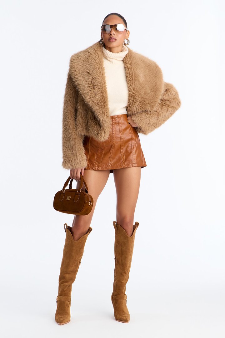 Left On Read Lace Up Faux Leather Mini Skirt - Cognac