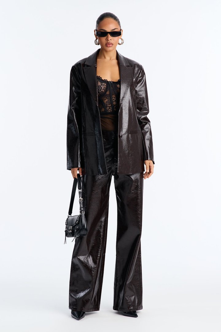 Catalina Faux Patent Leather Blazer - Chocolate
