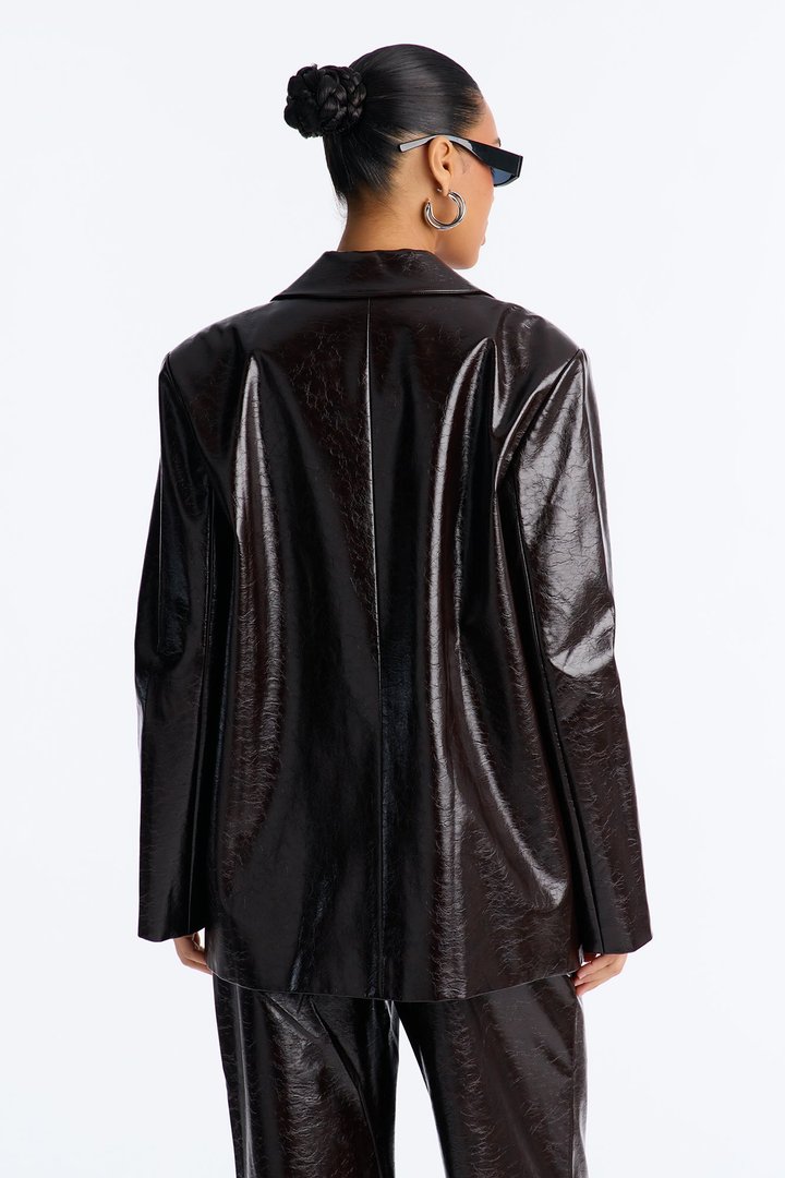 Catalina Faux Patent Leather Blazer - Chocolate