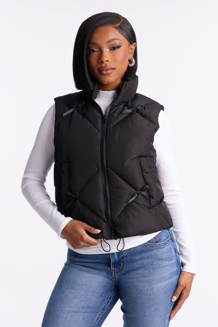 Cuteness Overload Bow Nylon Puffer Vest - Black