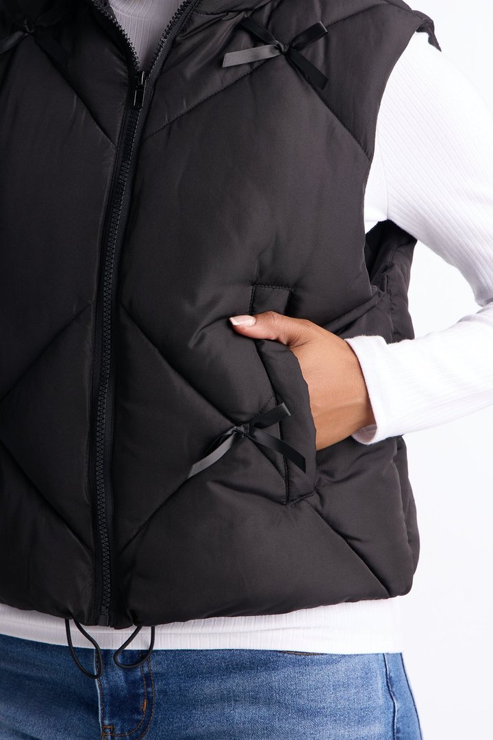Cuteness Overload Bow Nylon Puffer Vest - Black