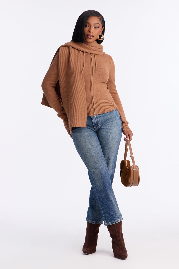 Knot Your Girl Zip Front 2pc Cardigan and Scarf Set - Taupe