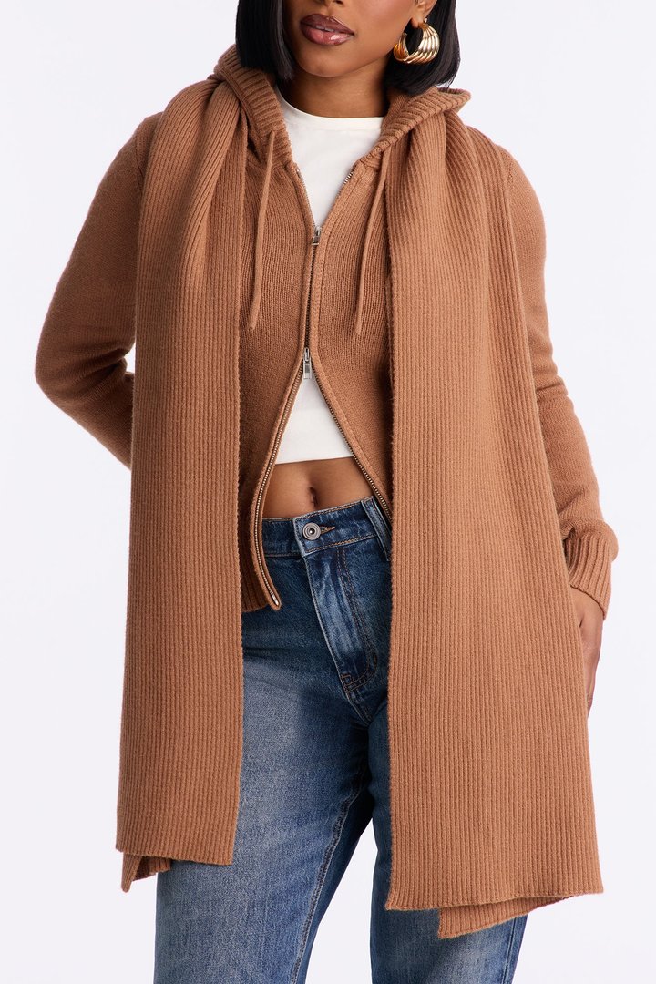Knot Your Girl Zip Front 2pc Cardigan and Scarf Set - Taupe