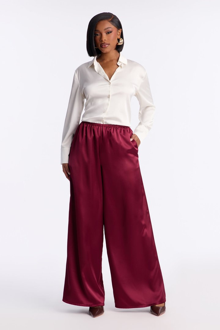 Shine On Satin Wide Leg Pant 32″ - Burgundy