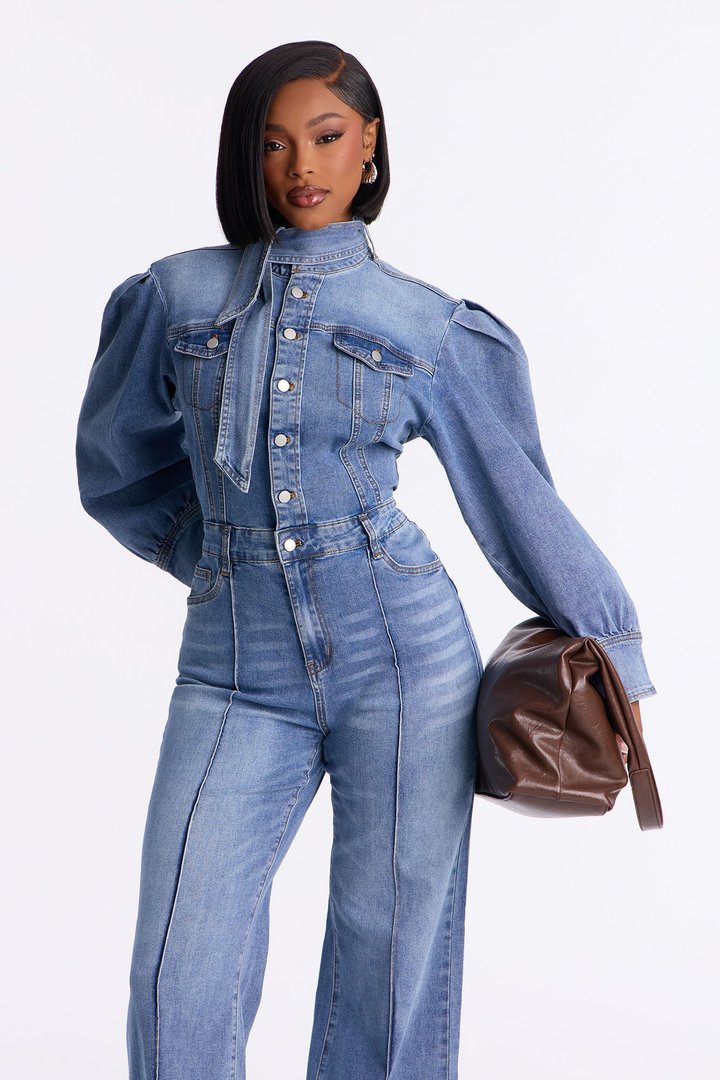 Ivana Bold Sleeve Denim Jumpsuit - Denim