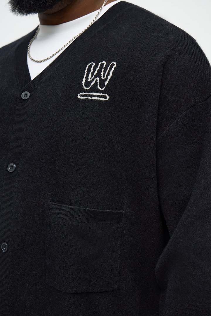 Cropped Clover Academic Sweater Cardigan - Black