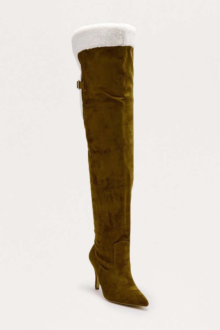 Sela Fur Trim Thigh High Boots - Olive