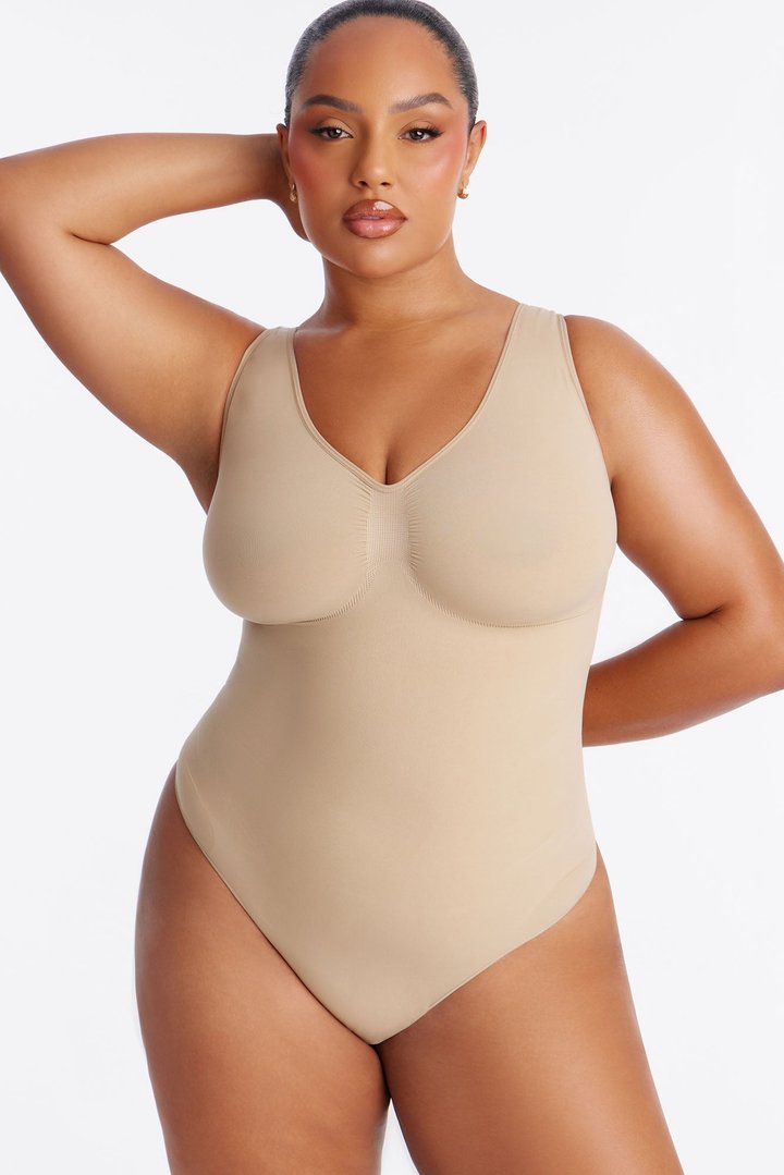 Nova Sculpt Seamless Strong Compression Scoop Neck Thong Bodysuit - Sand