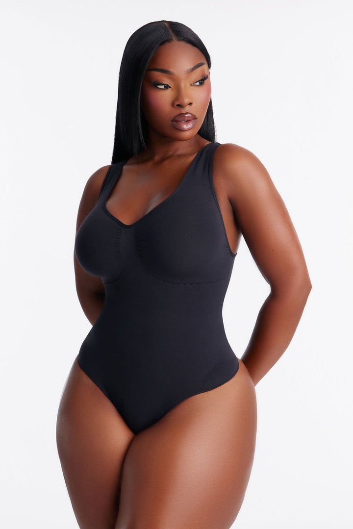 Nova Sculpt Seamless Strong Compression Scoop Neck Thong Bodysuit - Black