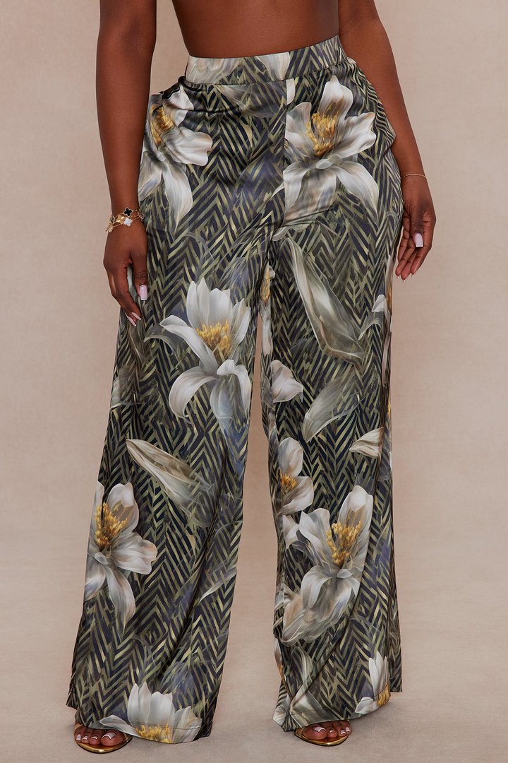 Alia Satin Wide Leg Pant - Green/combo