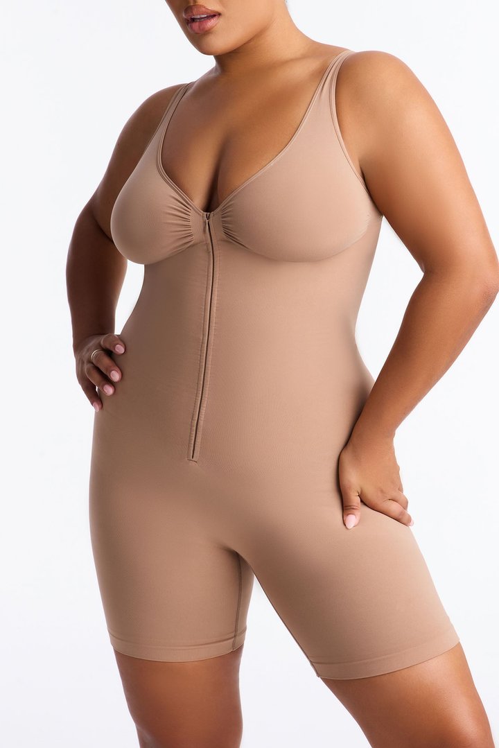 Nova Sculpt Seamless Strong Compression Zip Front Thigh Shaping Bodysuit - Nude