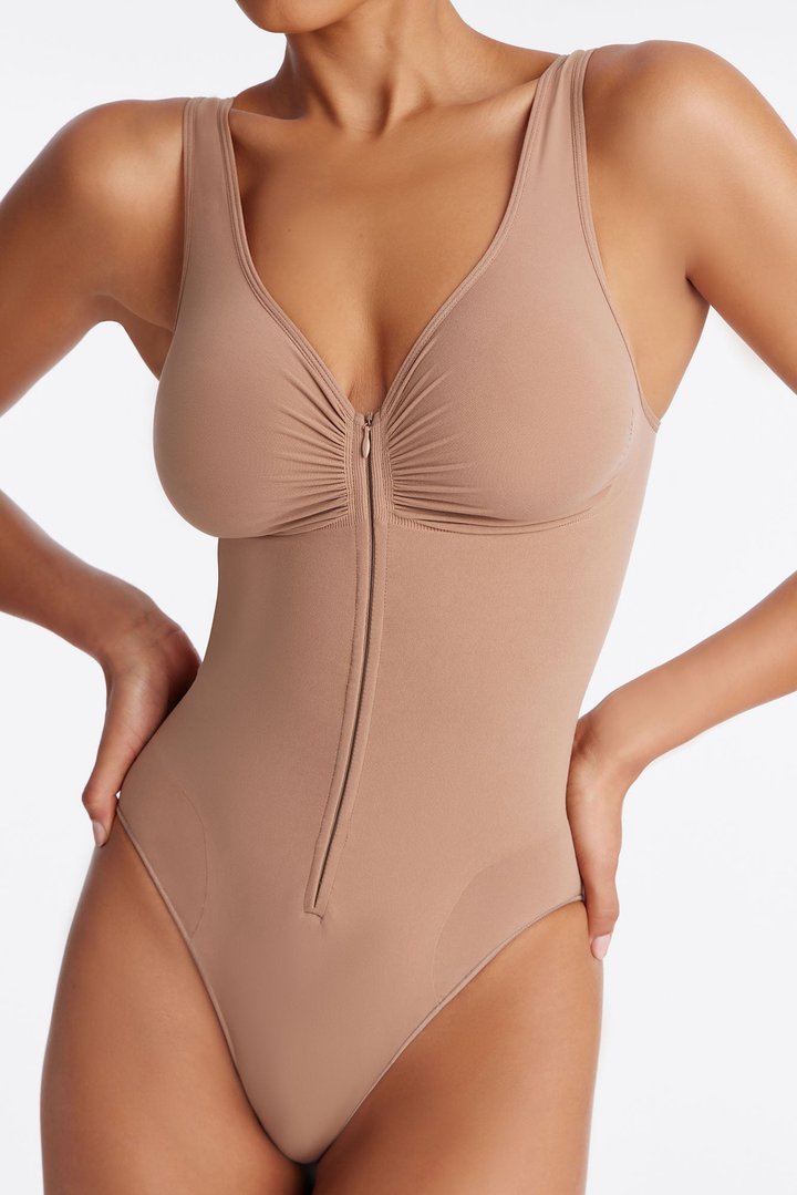 Nova Sculpt Seamless Strong Compression Zip Front Brief Bodysuit - Nude