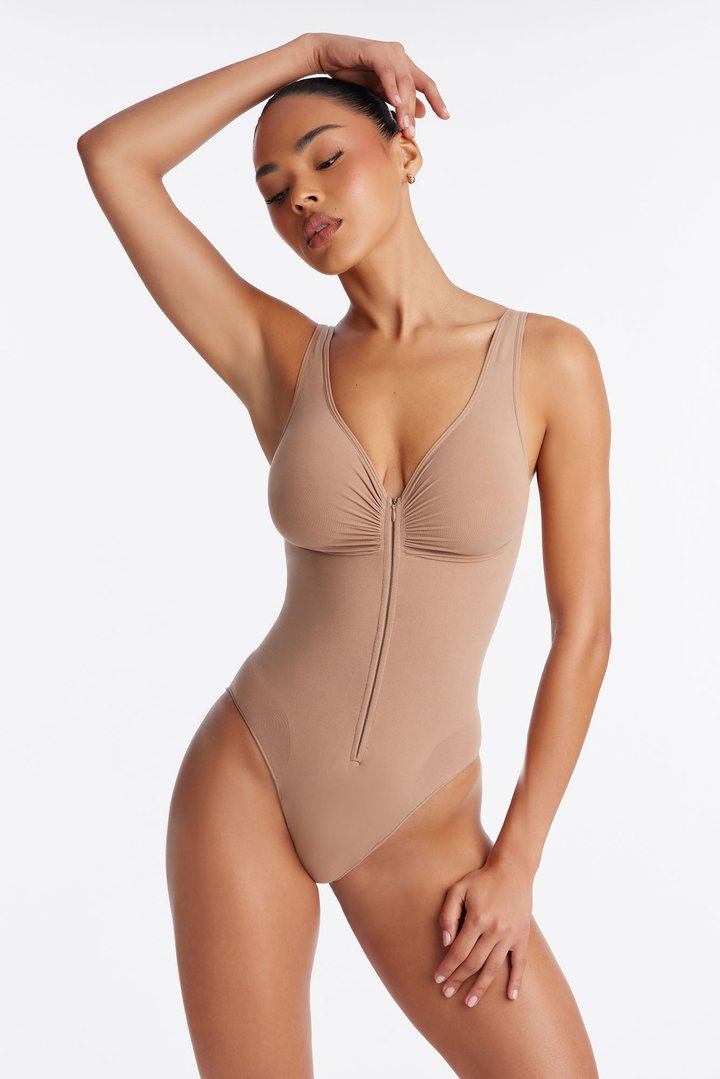 Nova Sculpt Seamless Strong Compression Zip Front Brief Bodysuit - Nude
