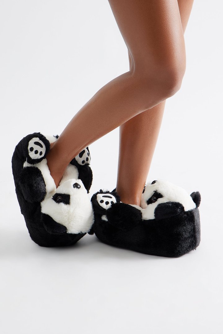 Panda Bear Faux Fur Slippers - Black/White