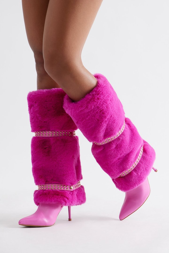 Bronx Studded Faux Fur Boots - Hot Pink
