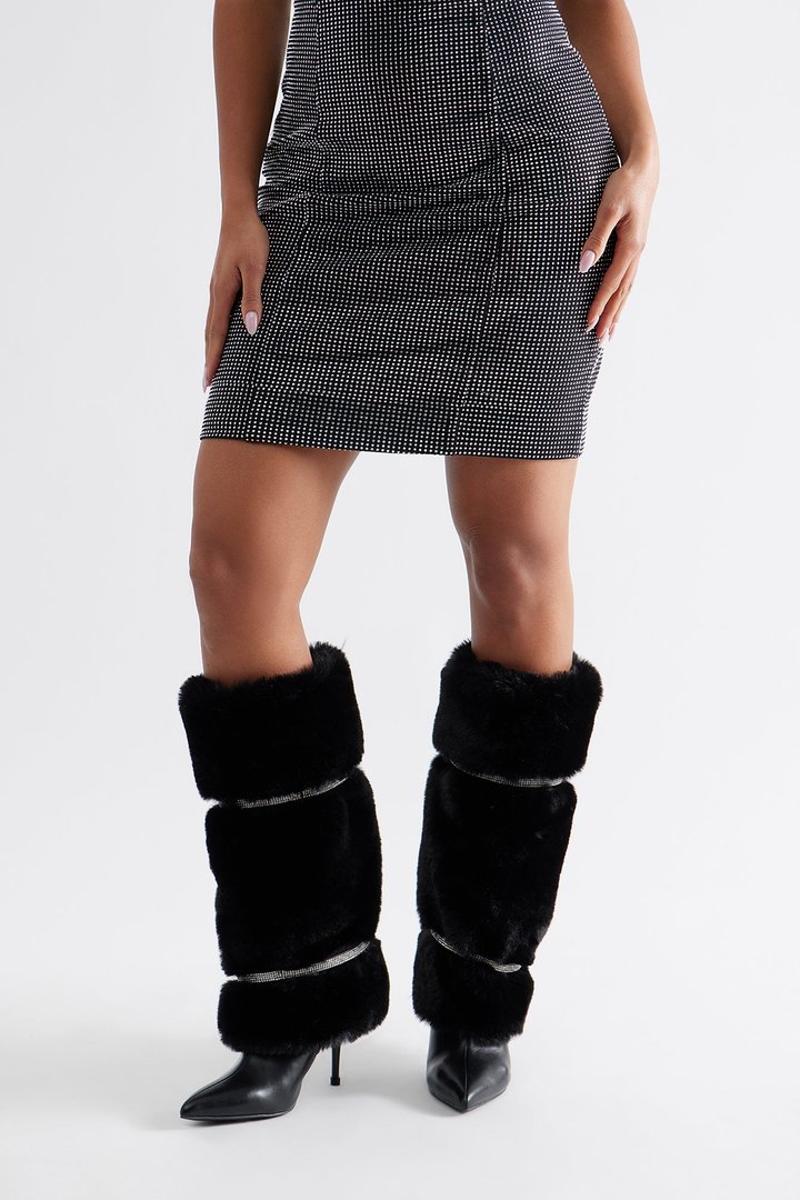 Harlington Rhinestone Faux Fur Boots - Black