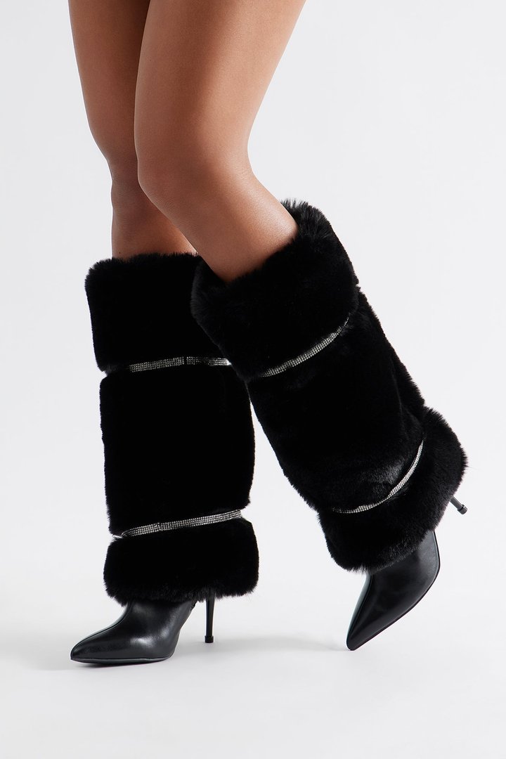 Harlington Rhinestone Faux Fur Boots - Black