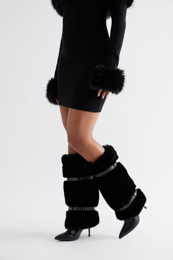 Bronx Studded Faux Fur Boots - Black