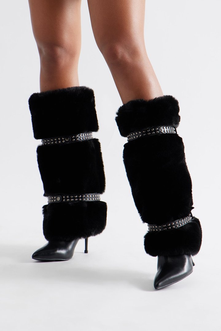 Bronx Studded Faux Fur Boots - Black