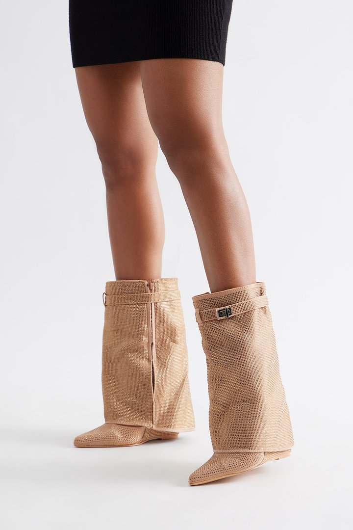 Bronte Embellished Overlay Boots - Champagne
