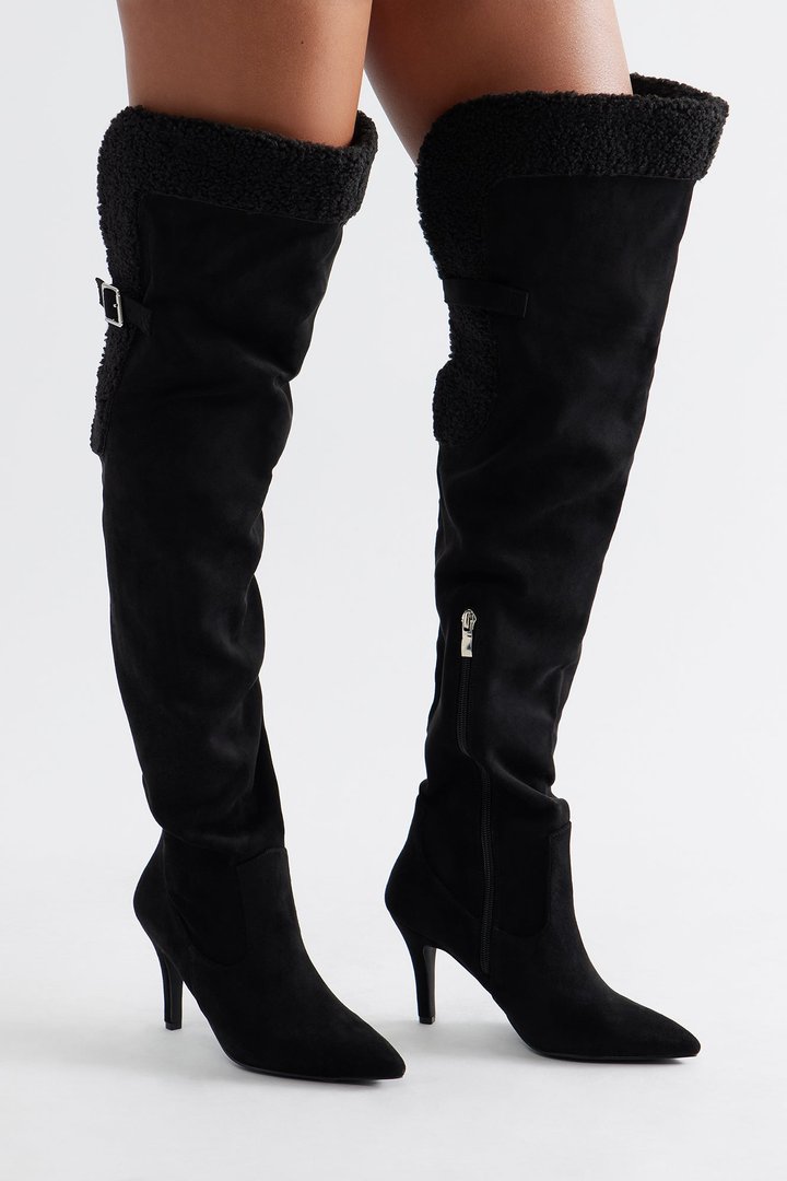 Sela Fur Trim Thigh High Boots - Black