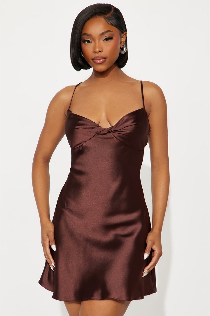 Seraphina Sweater Satin Mini Dress Set - Brown