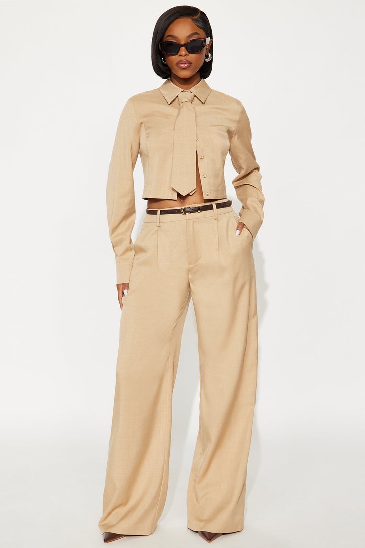 Beverly 3 Piece Necktie Belted Pant Set - Khaki