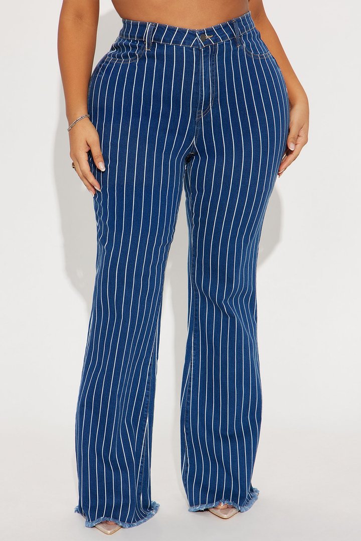 Crossed The Line Striped Flare Jeans - Dark Wash