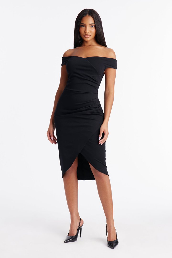 Josephine Off Shoulder Ponte Midi Dress - Black