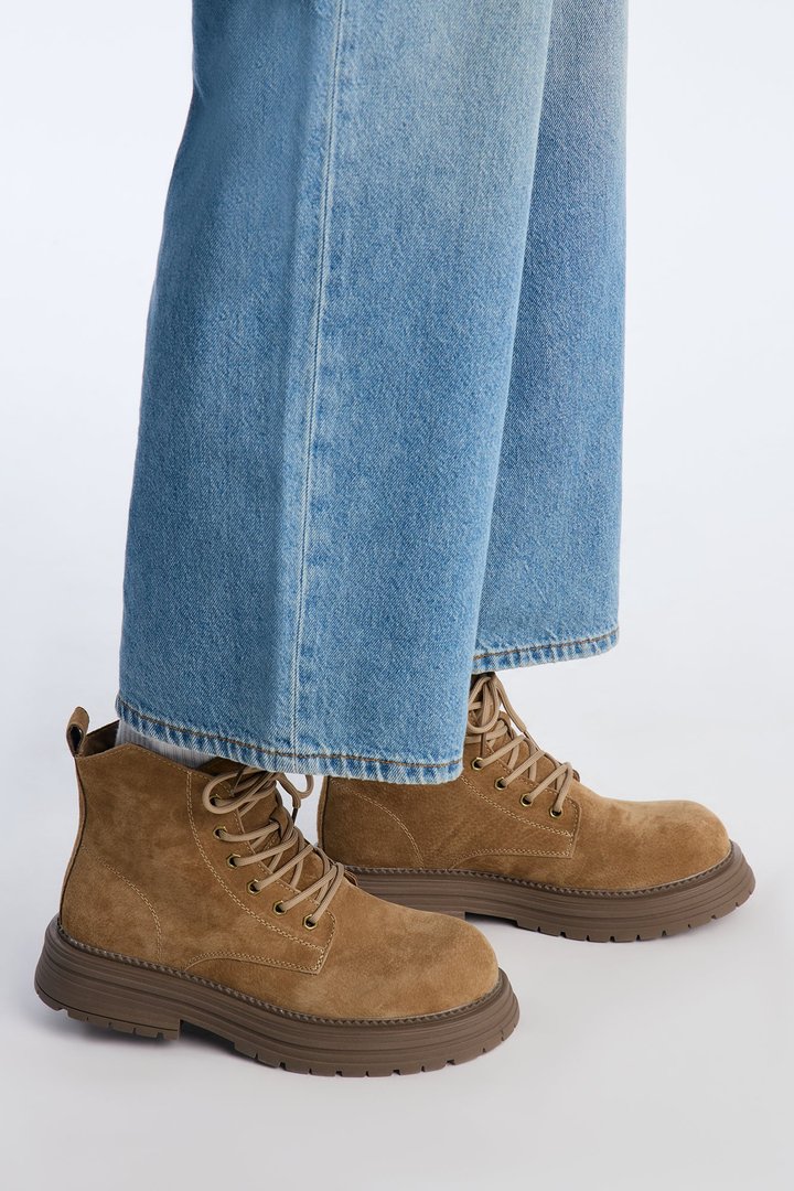 Genuine Suede Lace Up Chunky Boot - Taupe