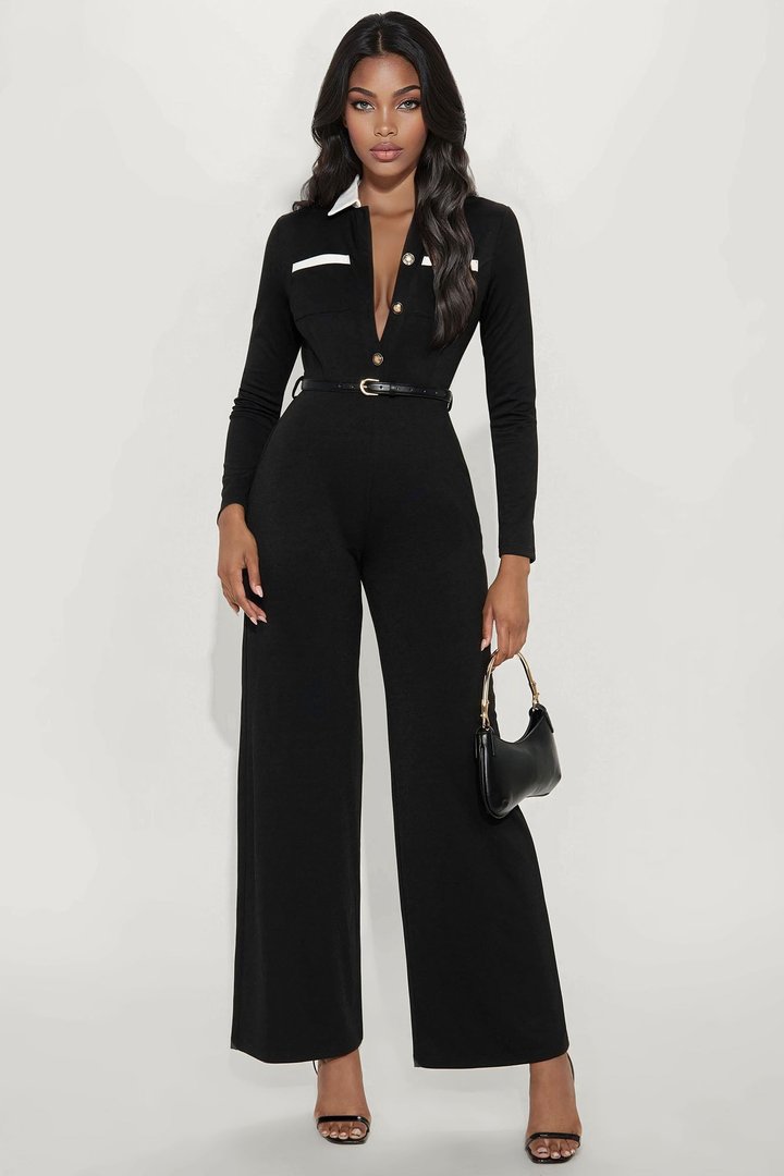Coco Belted Collar Long Sleeve Jumpsuit - Black