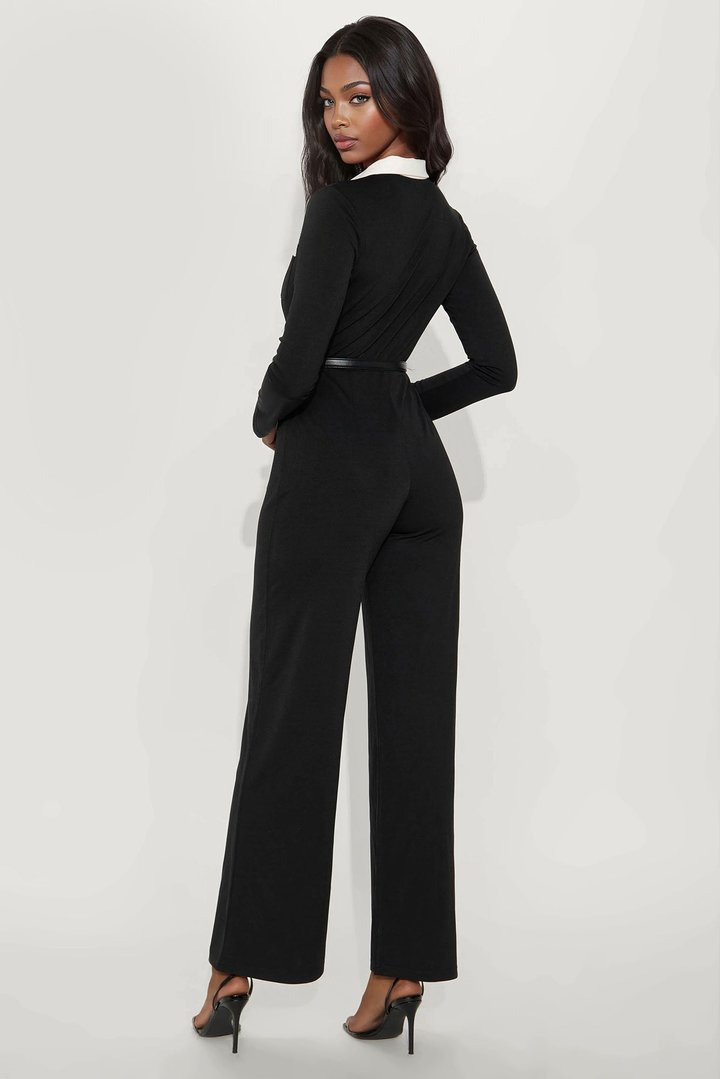 Coco Belted Collar Long Sleeve Jumpsuit - Black
