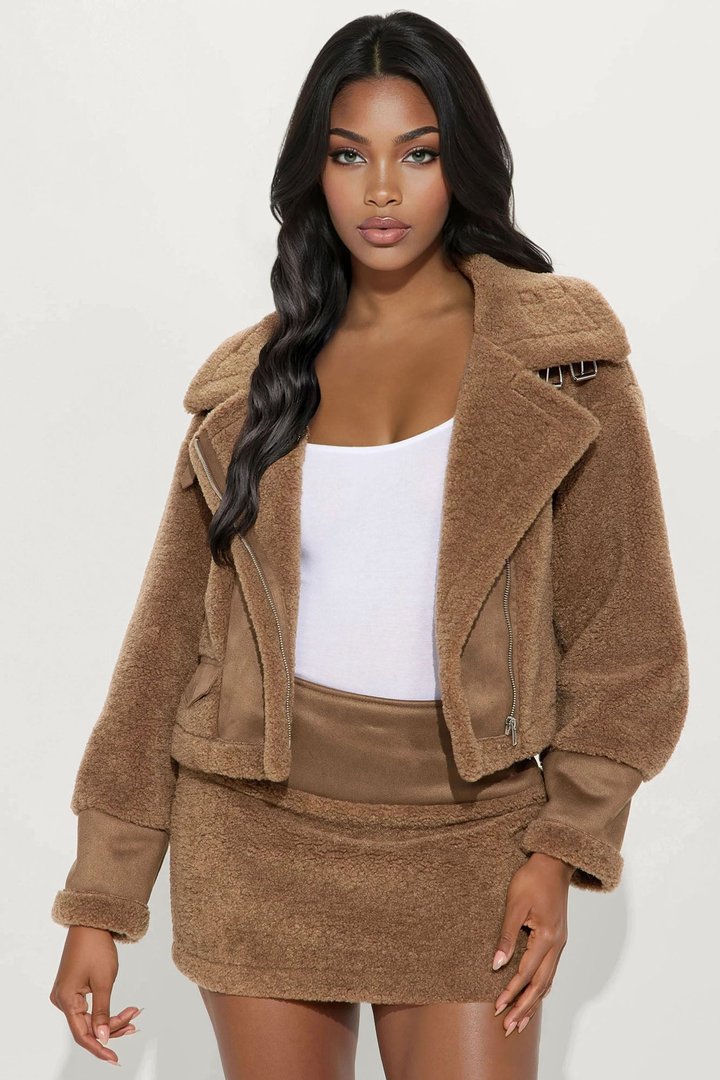 Joelle Fuzzy Jacket And Mini Skirt Set - Mocha