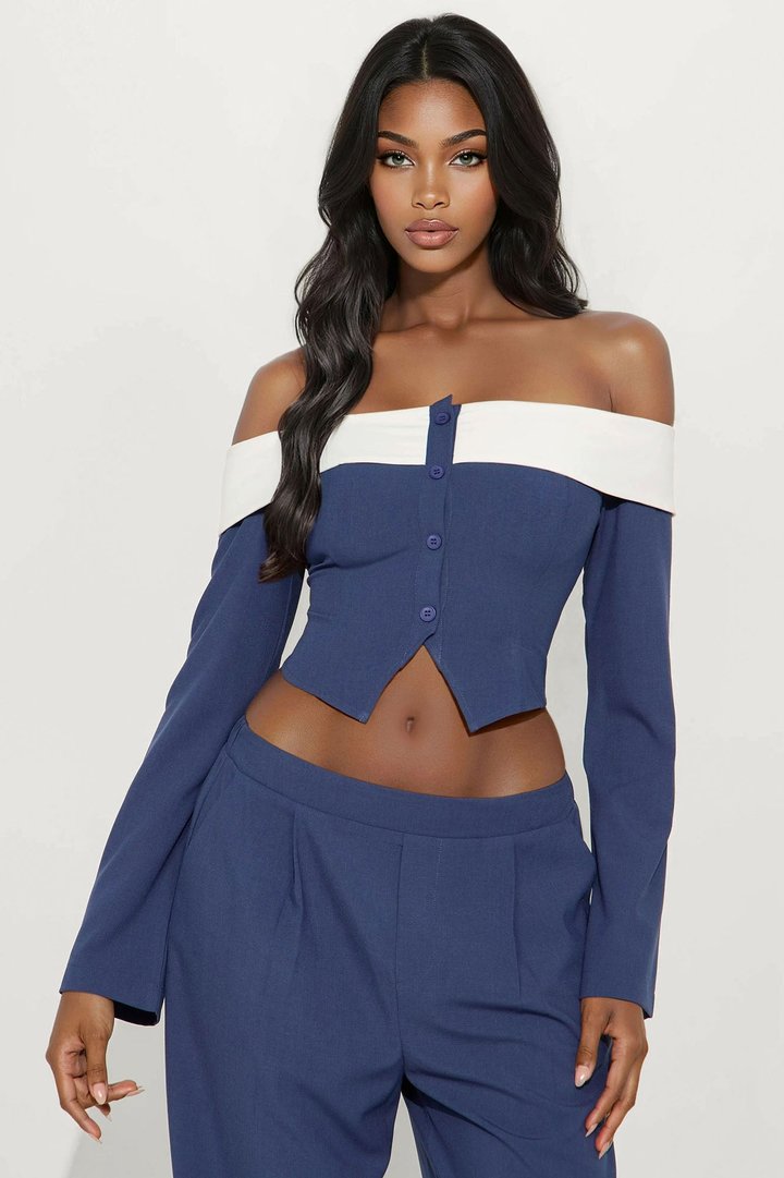 Seville Off Shoulder Pant Set - Navy