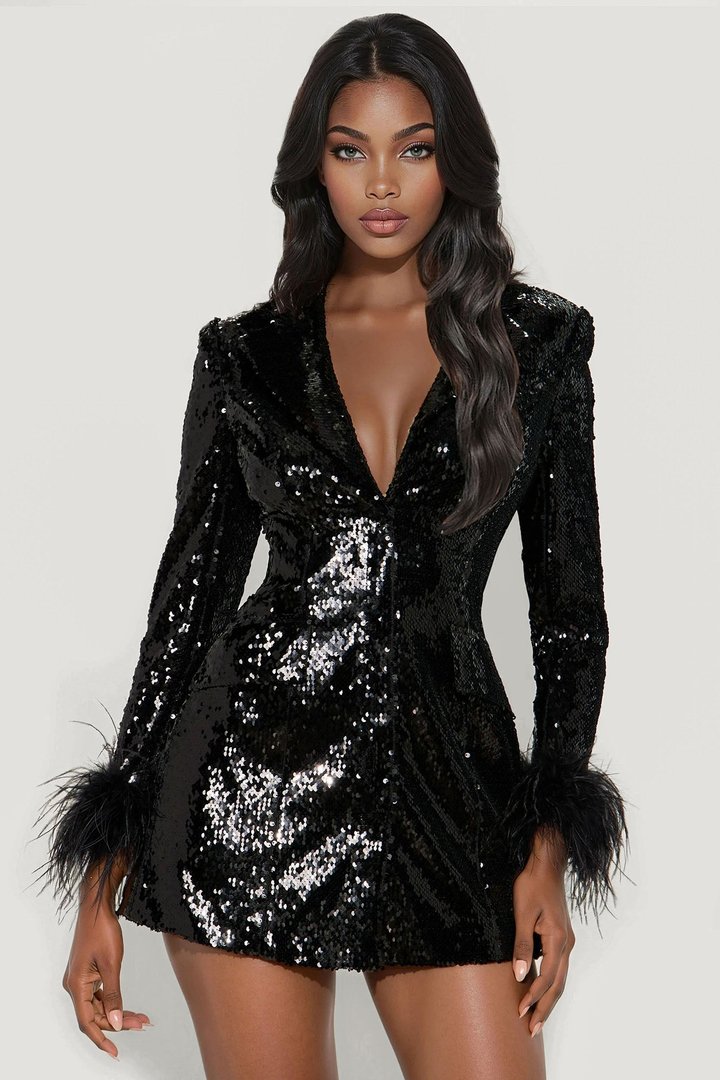 Kris Fur Trim Sequin Mini Dress - Black