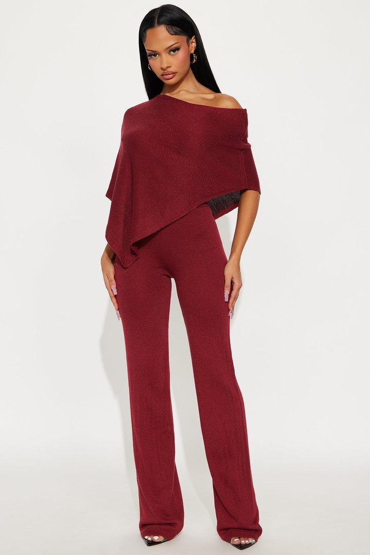 Pauline Off Shoulder Draped Sweater Pant Set - Burgundy