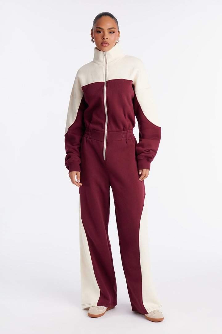 Snooze Mode Fleece Jumpsuit - Burgundy/combo