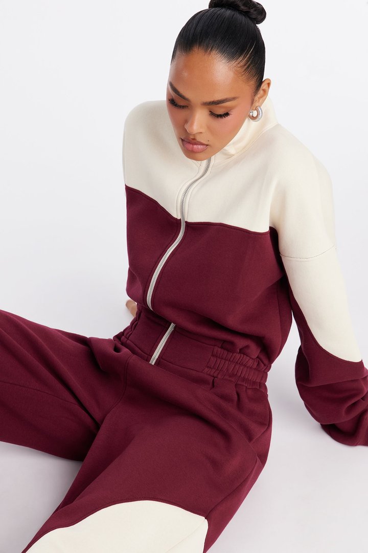 Snooze Mode Fleece Jumpsuit - Burgundy/combo